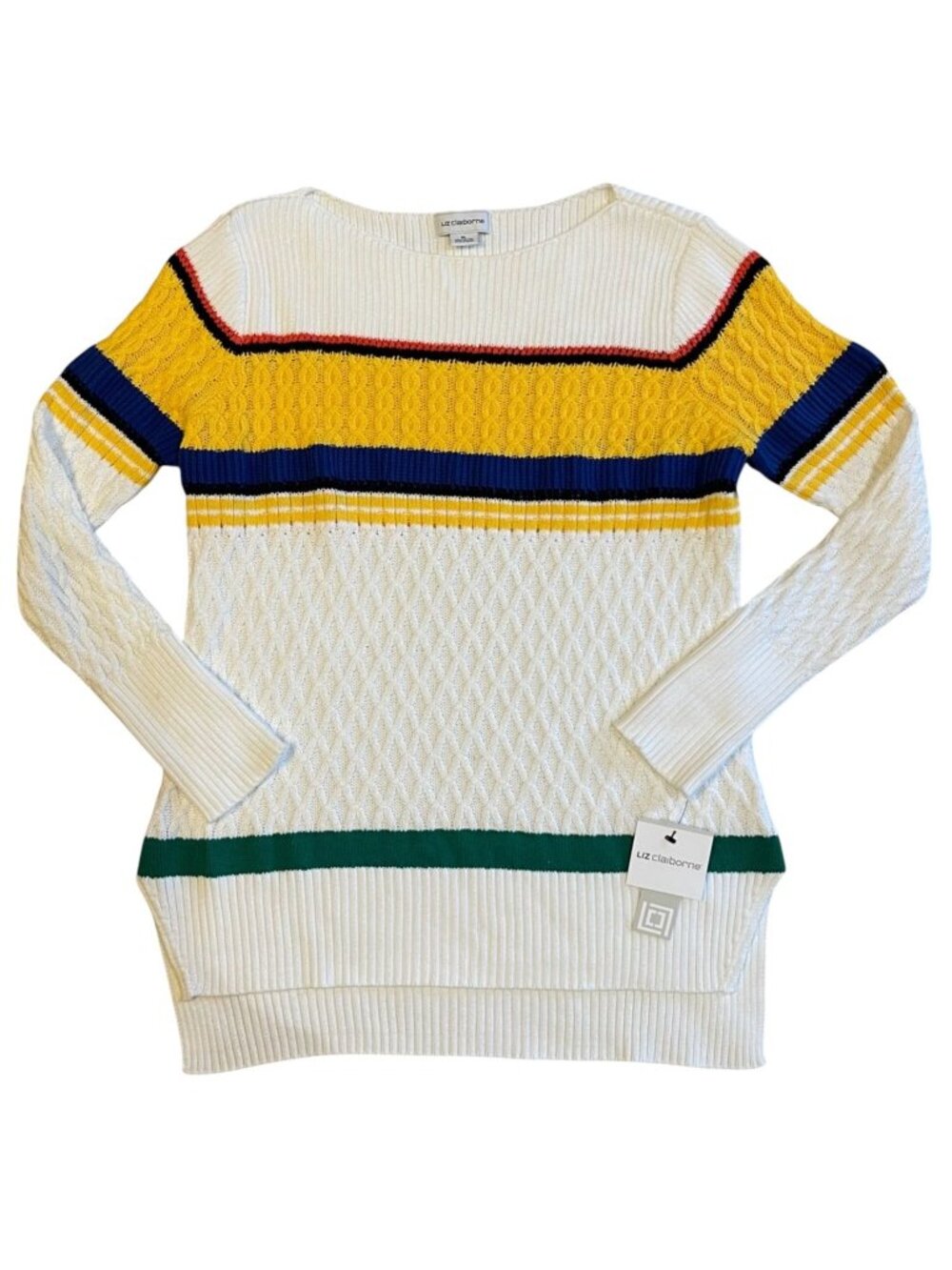 Vintage Liz Claiborne Women's XL Sweater Striped Cable Knit Preppy Chunky 90s